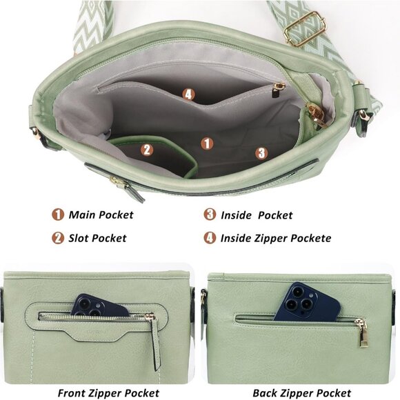 Women’s Light Green 3PCS PU Leather Purses Set  Crossbody Wallet & Hobo Tote Bag - Picture 7 of 8